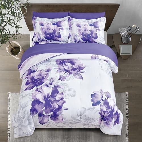 Soft Brushed Microfiber Comforter Set, 7 Pieces with Light King Dark Purple