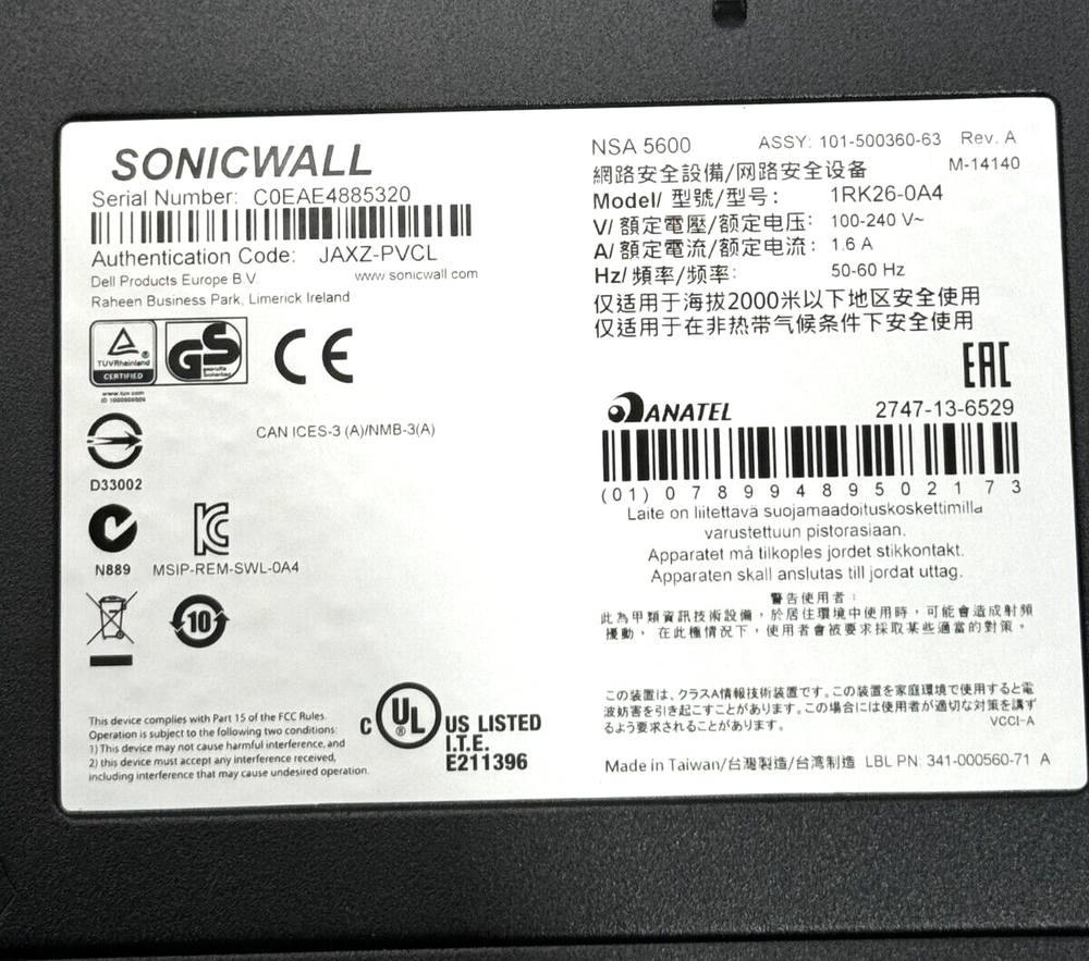 Dell SonicWALL NSA 5600 Network Security Firewall Unit Appliance