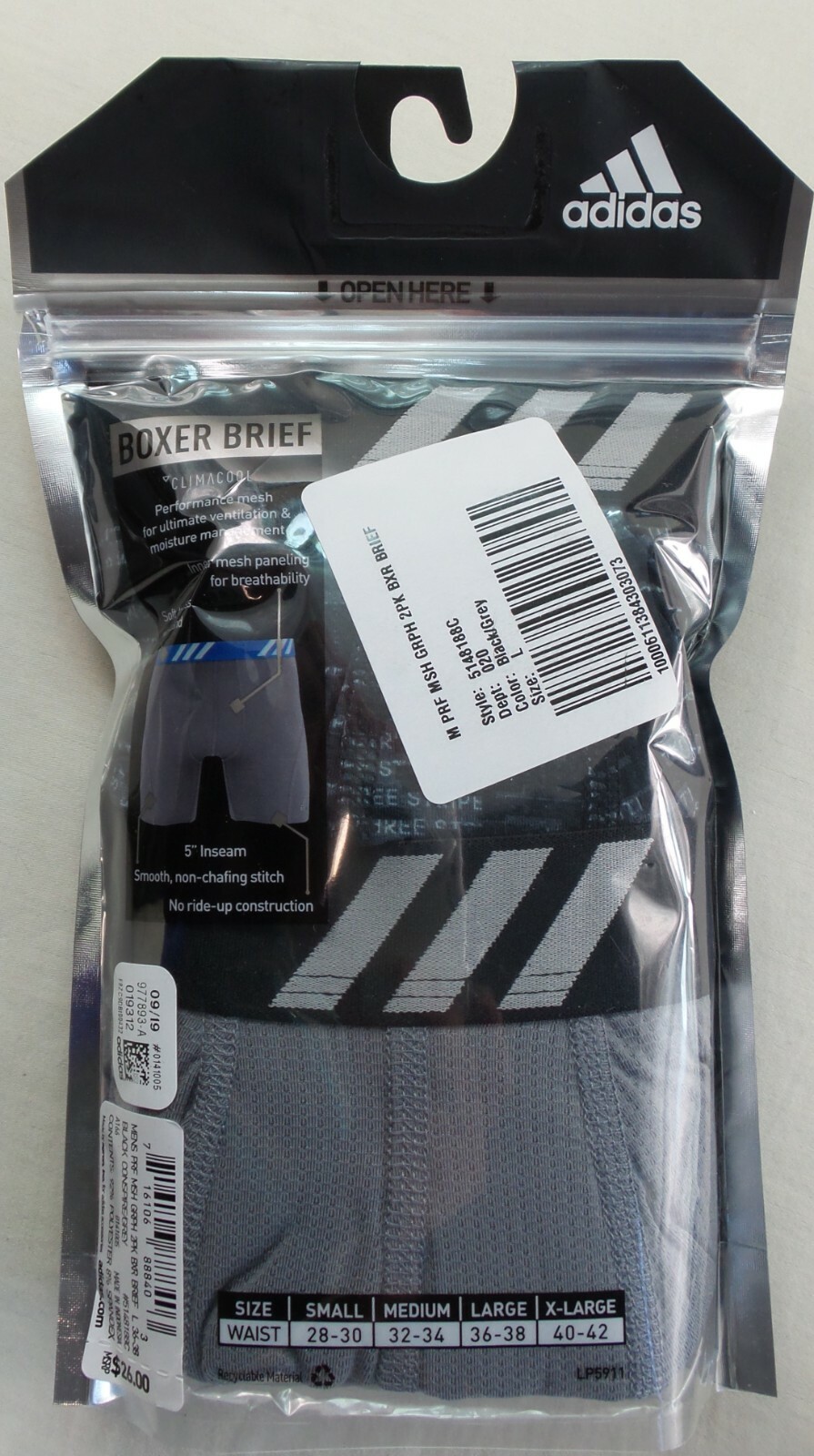 Adidas Men's Boxer Briefs 2 Pack L 36-38 Black Grey Stretch Performance MSRP$26
