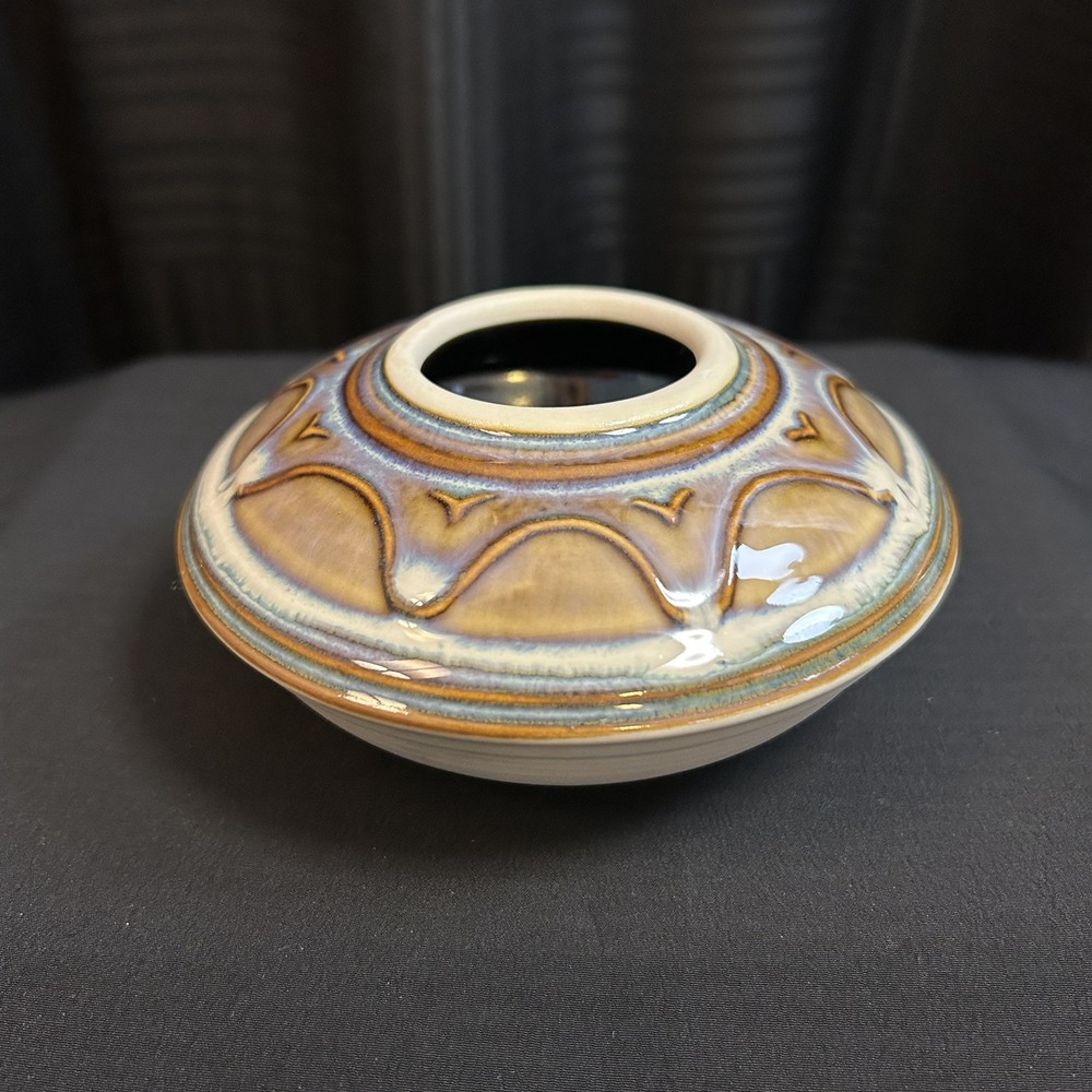 Studio Art Pottery Vessel, Signed, Textured Multicolor Glaze, 5”