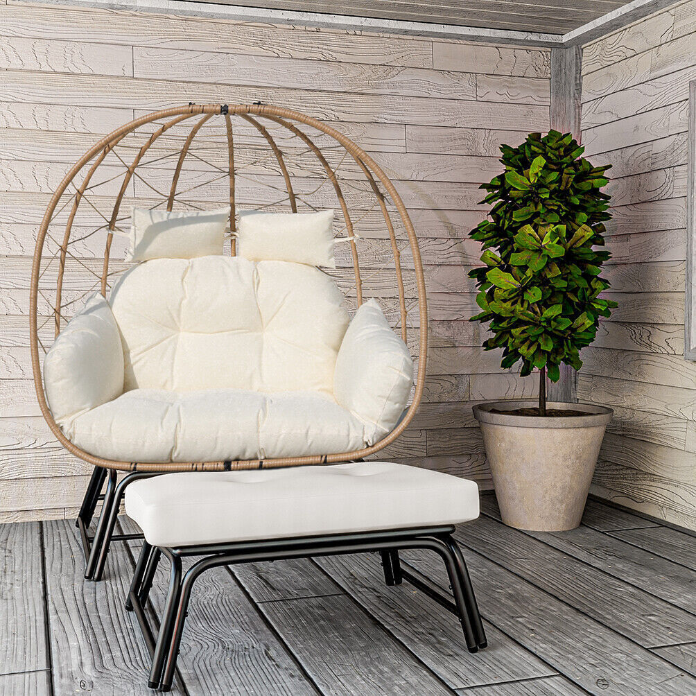Wicker Egg Chair with Ottoman Outdoor Indoor Oversized Lounger Stand for Porch