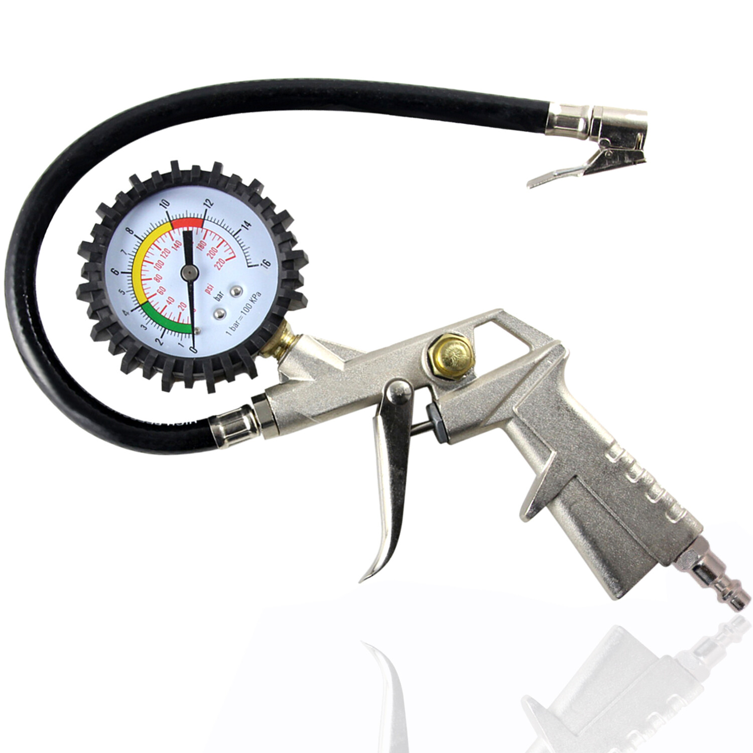 Dial Tire Inflator Gauge Flexible Hose 220 PSI Pistol Style Air Chuck Pneumatic