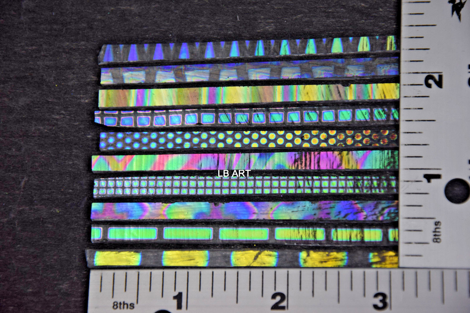 10 THIN CLEAR CBS DICHROIC GLASS PATTERN SUPER SKINNY 1/8" x 3" STIX 90 COE