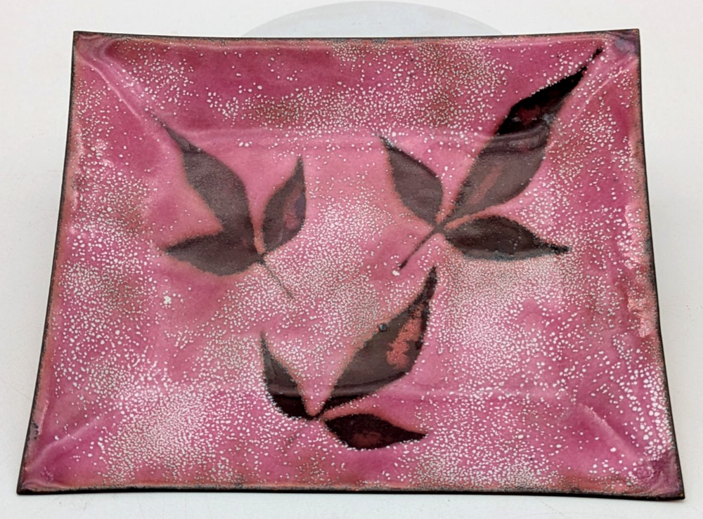 Enamel Over Copper Rectangle Dish Pink With Leaves
