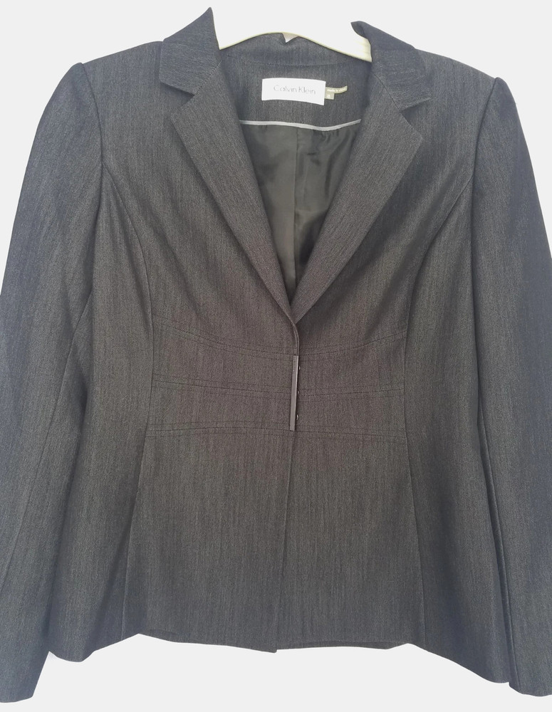 Calvin Klein Stretch Lined Snap Front Long Sleeve Grey Blazer Work Jacket Size 8