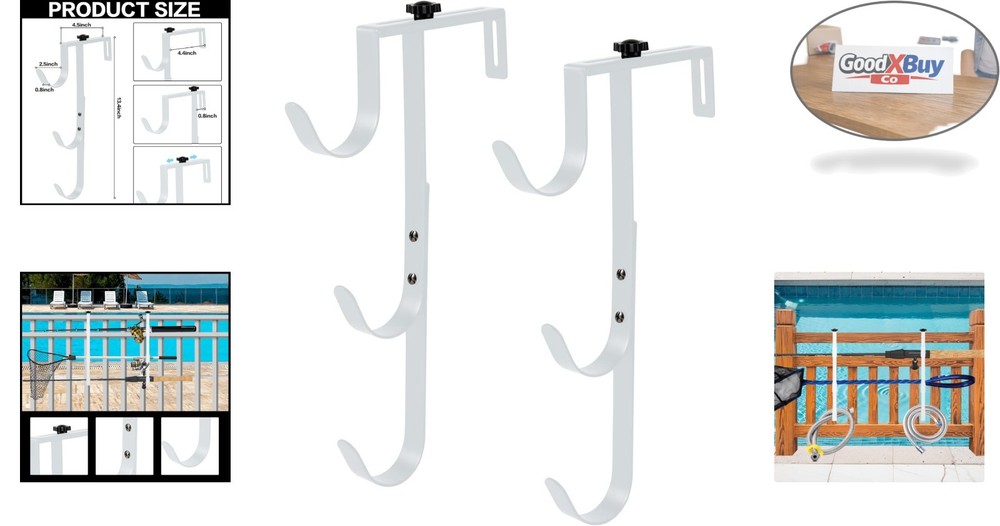 White Pool Pole Hangers 2-Pack - Heavy Duty Adjustable Fence Hooks for Pool E...