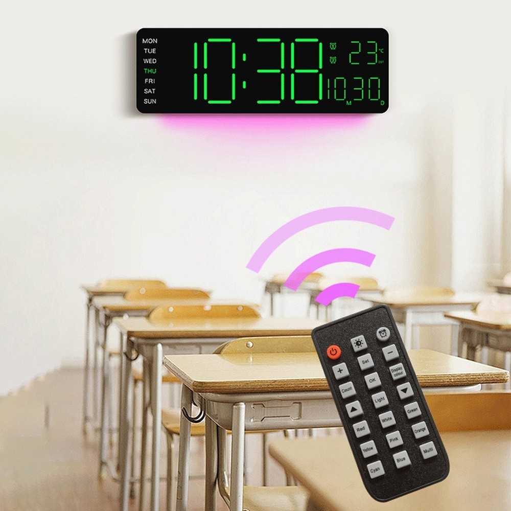Digital RGB Wall Clock with Remote Control Temp Date Week Adjustable Brightness