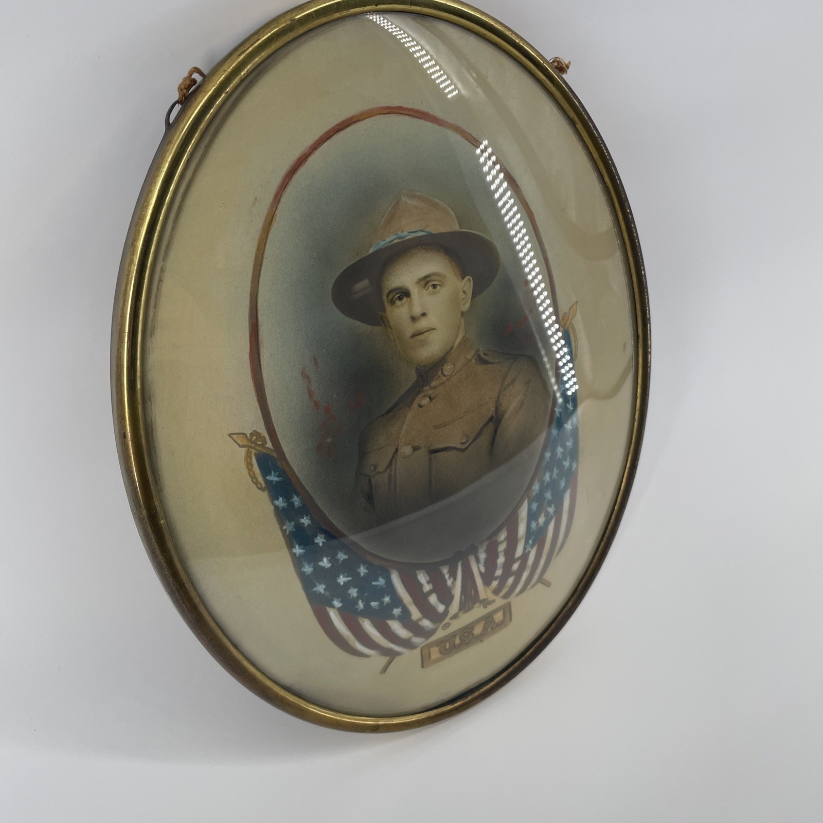 Vintage WW1 Convex Glass Soldier Military Portrait US Army Oval Frame - 14”x11”