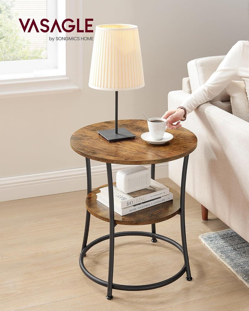 Side table, round side table with 2 storage shelves, nightstand with steel frame