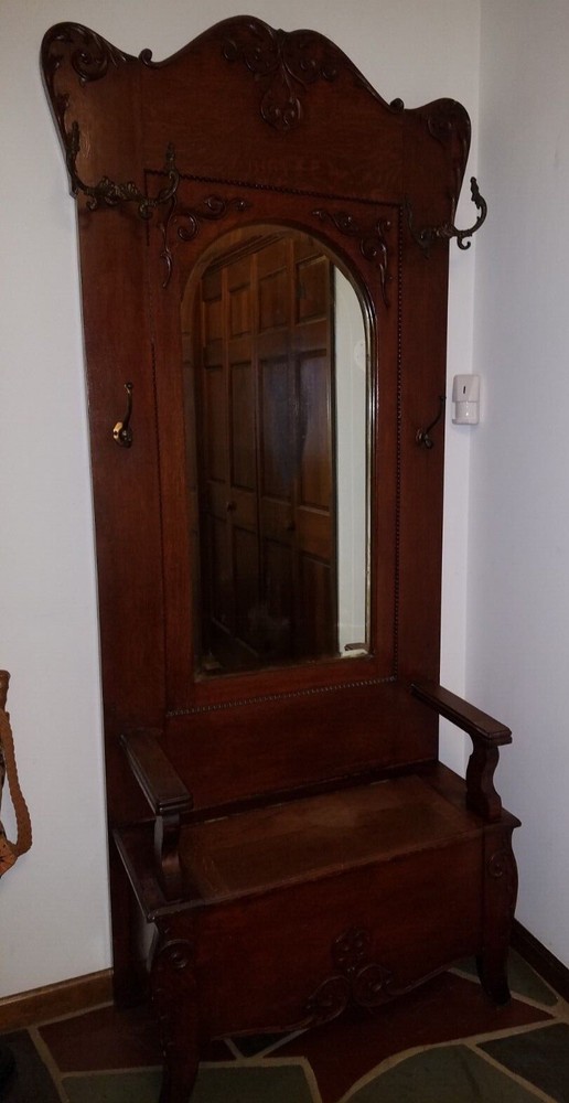 Antique Hall Tree with Hooks and Underseat Storage