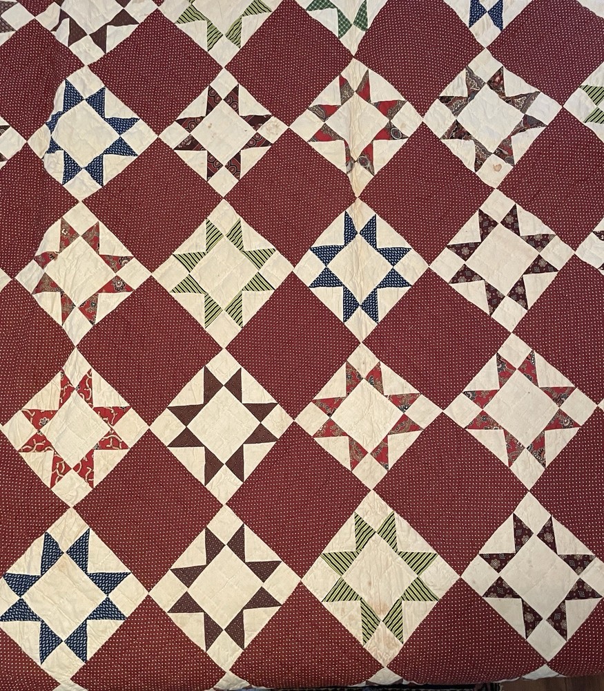 19th c. patchwork star quilt hand stitched 86x94"