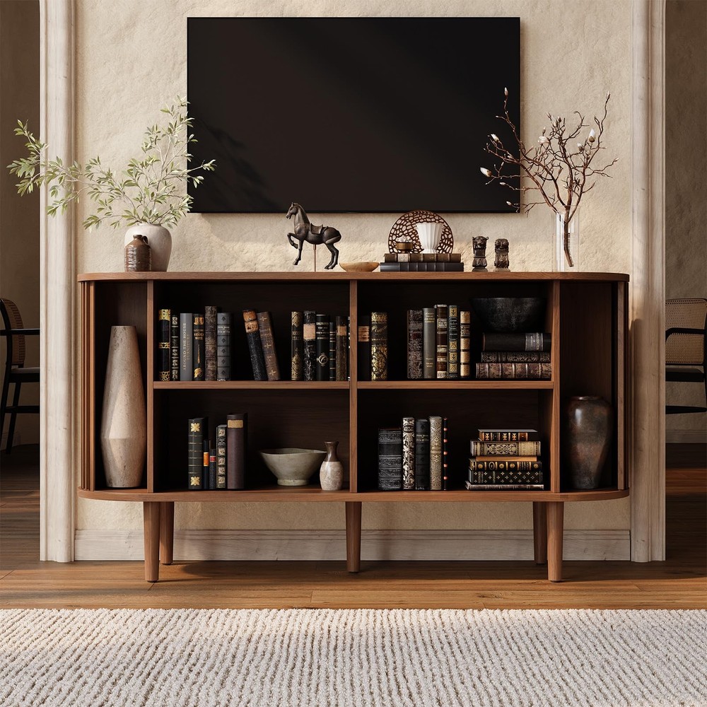 55" MCM Buffet Sideboard Sliding Doors Storage Adjustable Shelves Walnut
