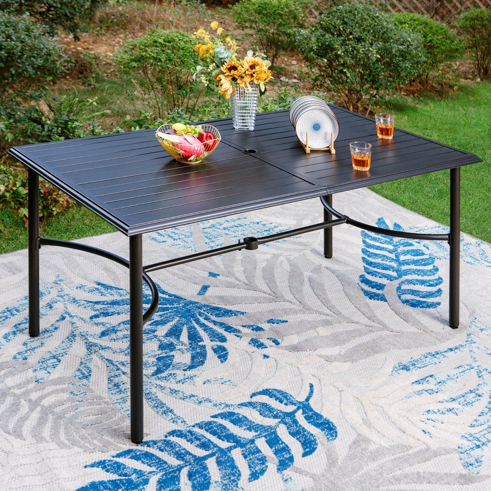 PHI VILLA Patio Dining Table Rectangular Outdoor Table with Umbrella Hole for 6