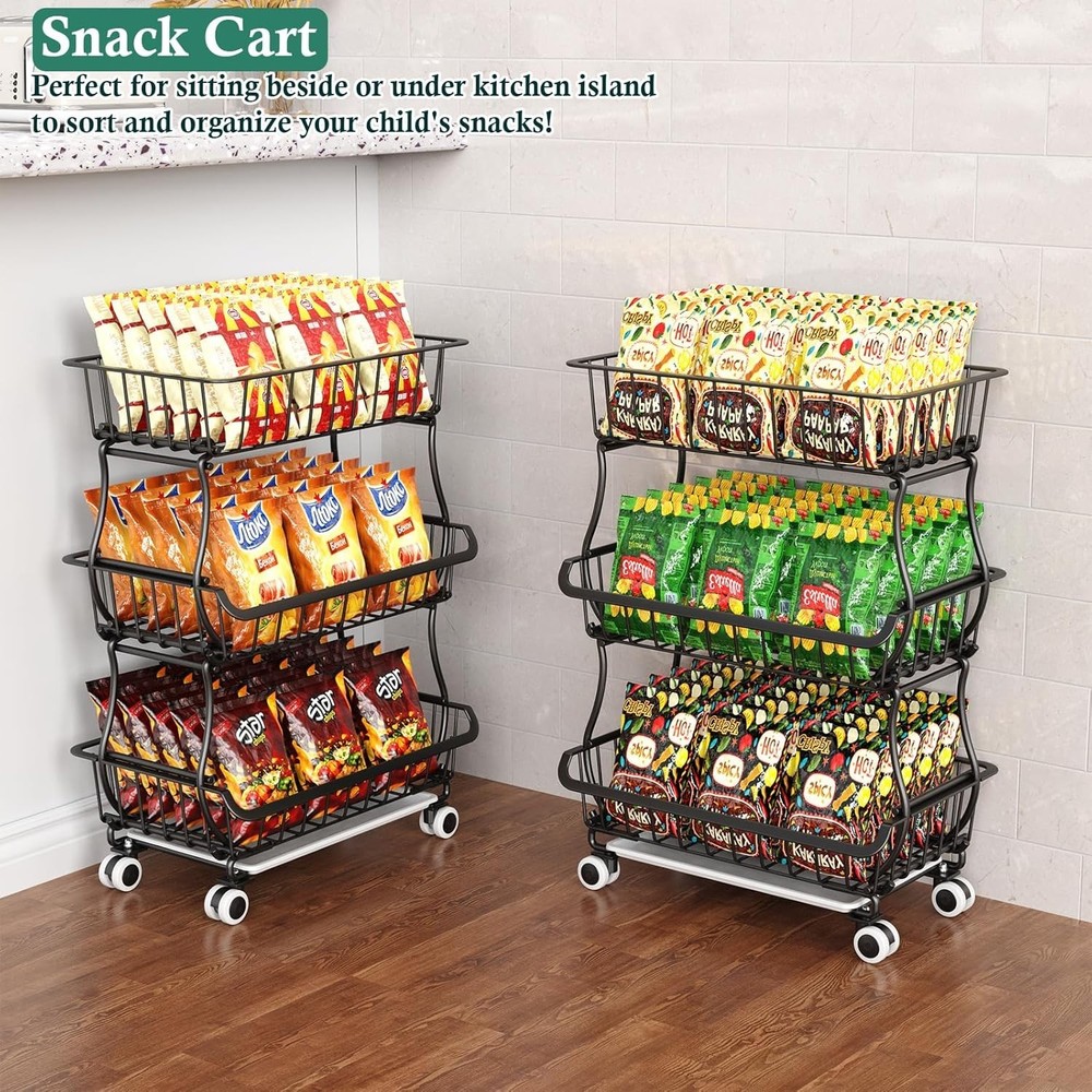 Pantry Storage Cart Fruit Basket Stand 3 Tier Stackable Wire Basket Organizer