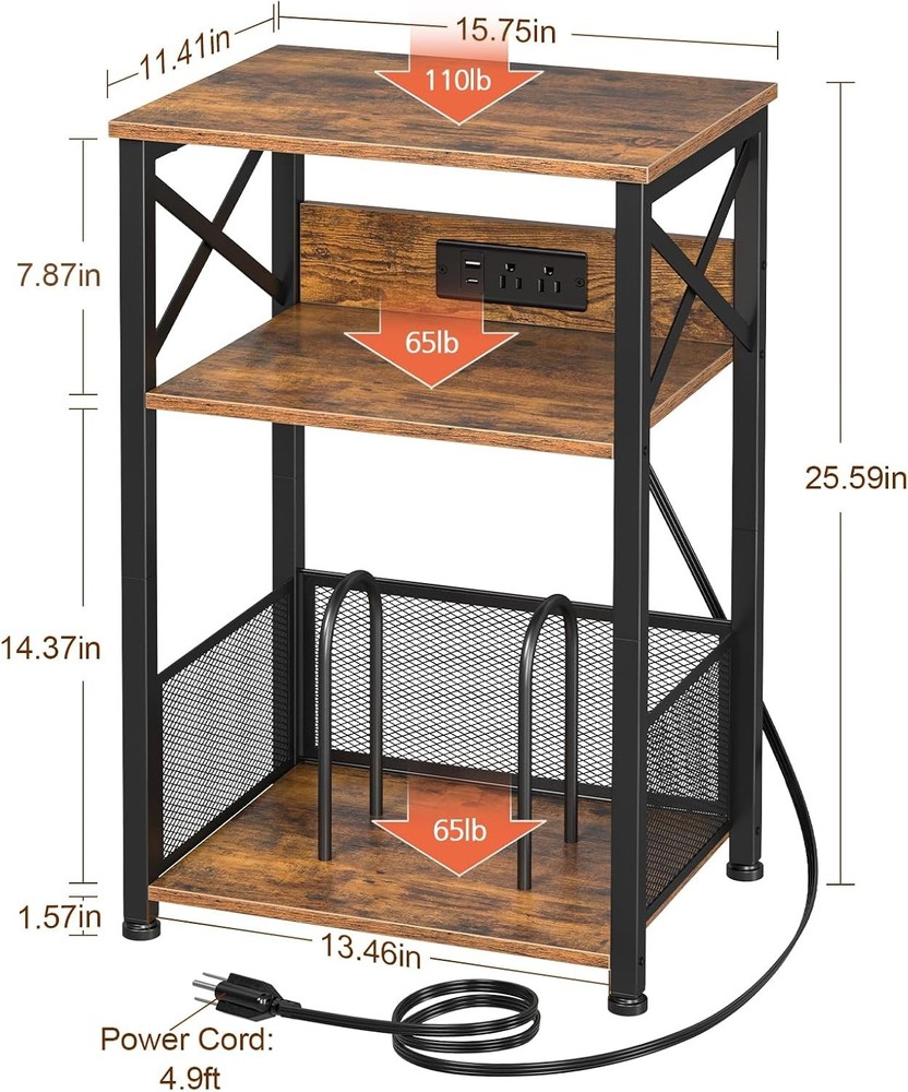 Rustic Brown Turntable Stand with Storage for Over 100 Records & USB Charging