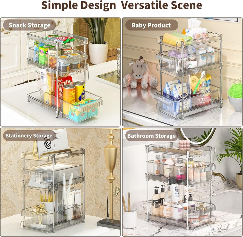 Clear Bathroom Organizers 2 Sets 3 Tier, Pull Out 2 PACK, Transparennt