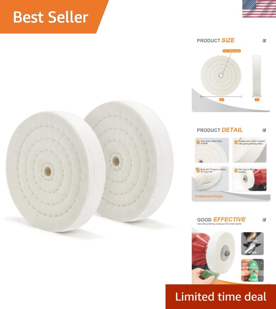 High-Efficiency 6" Buffing Wheel for Bench Grinder - Extra Thick Cotton - 2 PCS