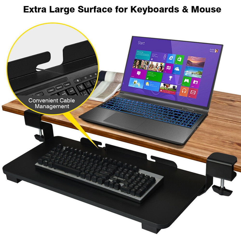Keyboard Tray Under Desk Clamp-On Retractable Platform Computer Drawer