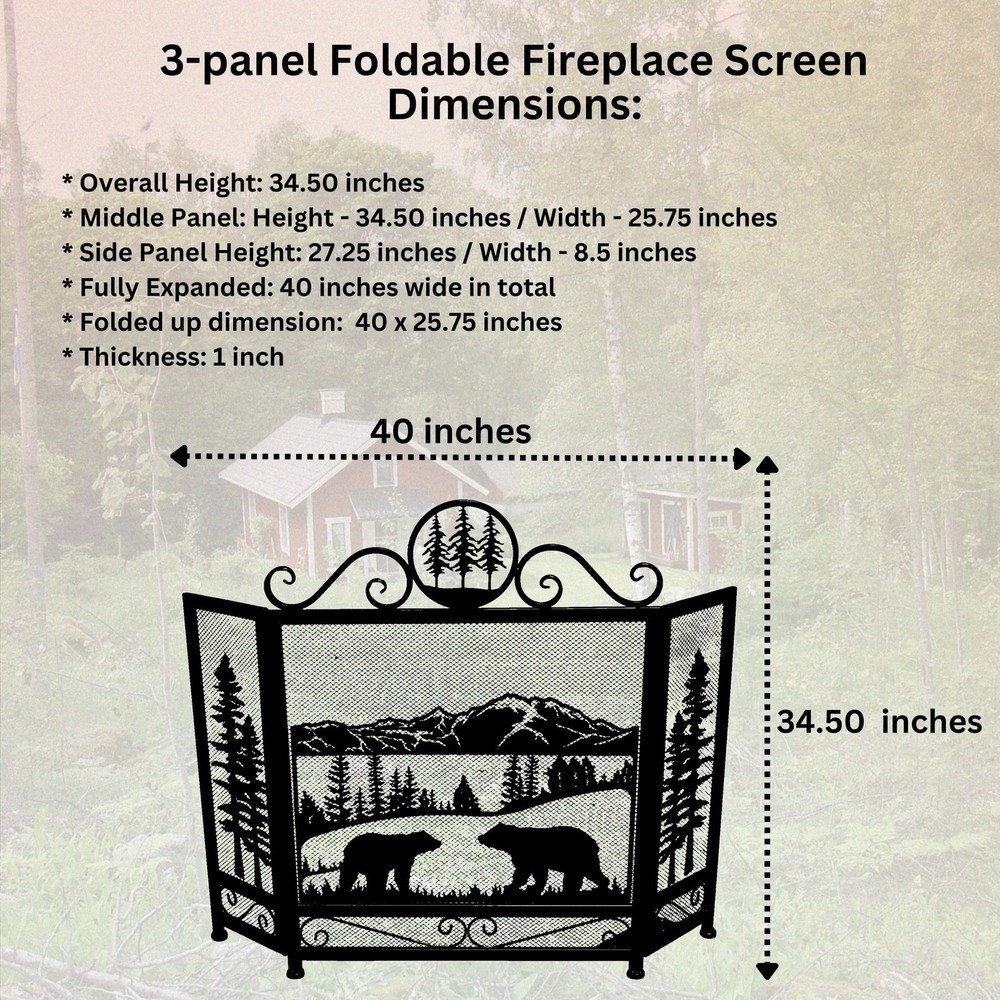 3-Panel Fireplace Screen with Strolling Mama Bear and Cub Design