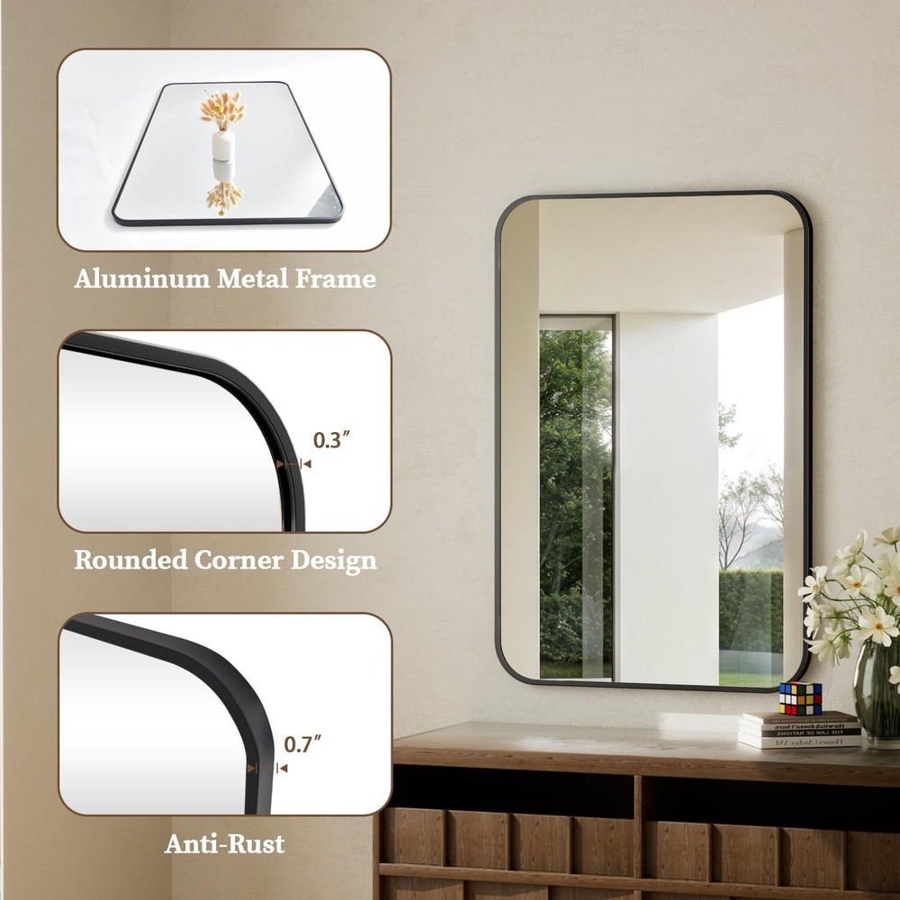 20" x 28" Rectangular Aluminum Alloy Frame Wall Mounted Bathroom Mirror with ...