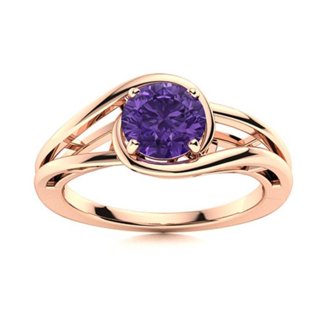 Solitaire 5MM Round Amethyst 925 Sterling Silver Rose Plated Split Shank Ring