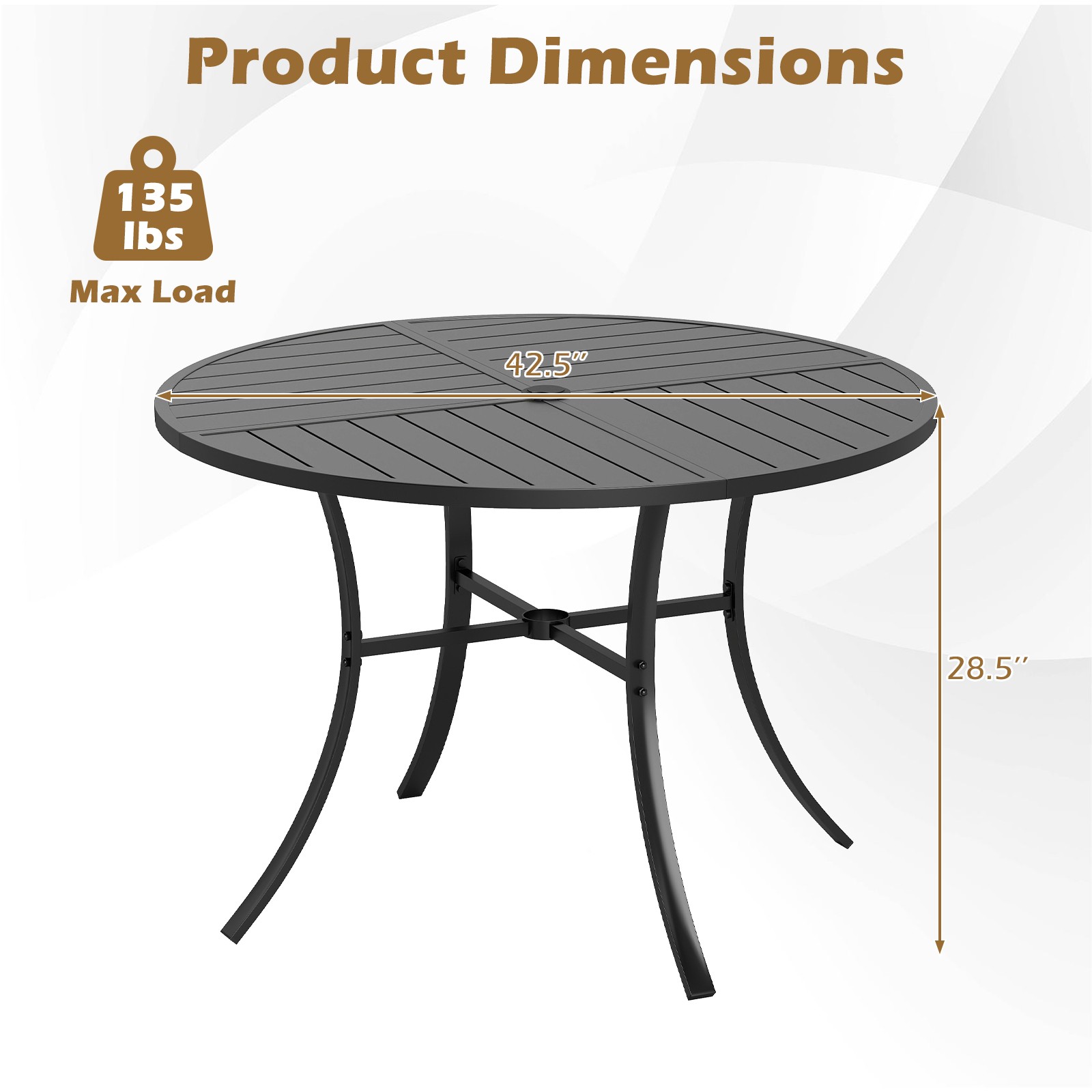 Patio Dining Table, 42.5" Round Metal Slat Table with Umbrella Hole, Outdoor