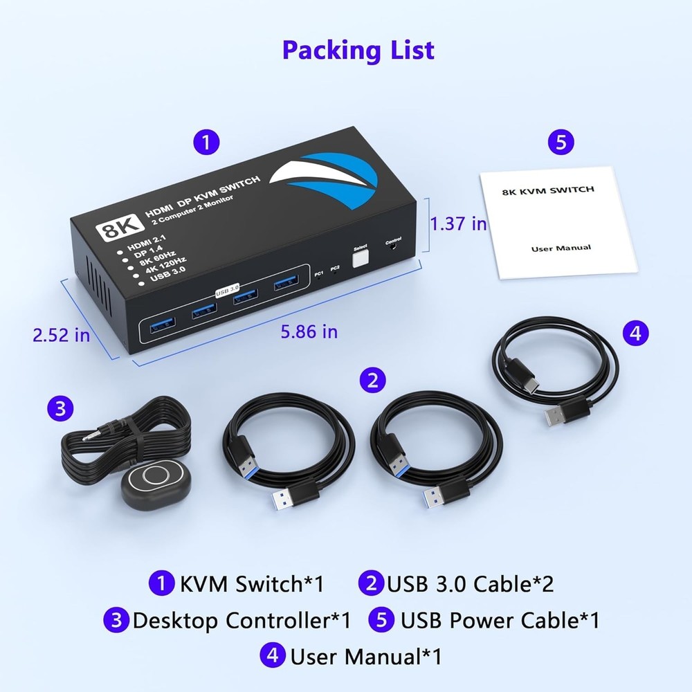 Compact HDMI DisplayPort KVM Switch – 2 PCs & 4 USB Ports – Easy Switch