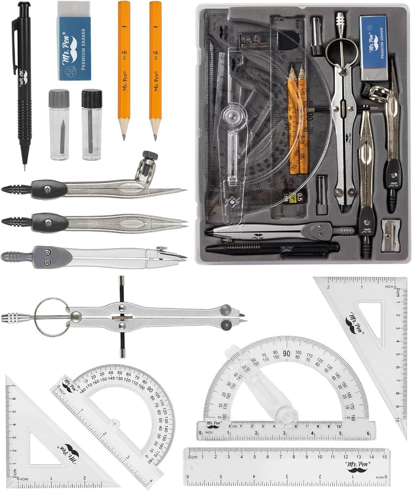 Geometry Set with 6 Inch Swing Arm Protractor, Divider, Set Squares, Ruler, Comp