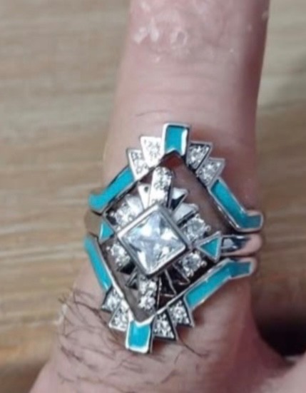 Moissanite Turquoise Bridal Set Ring 3pc Art Deco Silver Size 5.75 Geometric