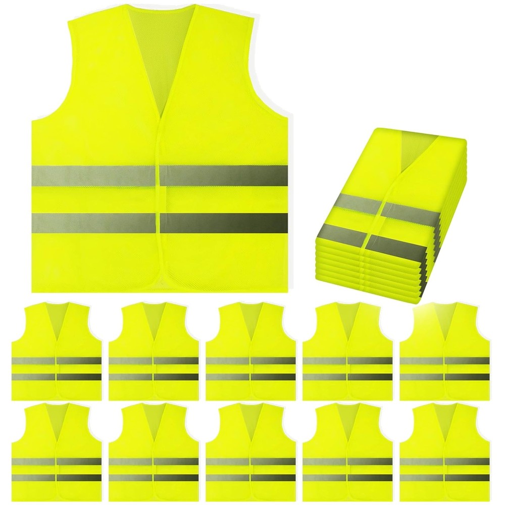 High Visibility Safety Vests - 10 Pack Yellow Reflective