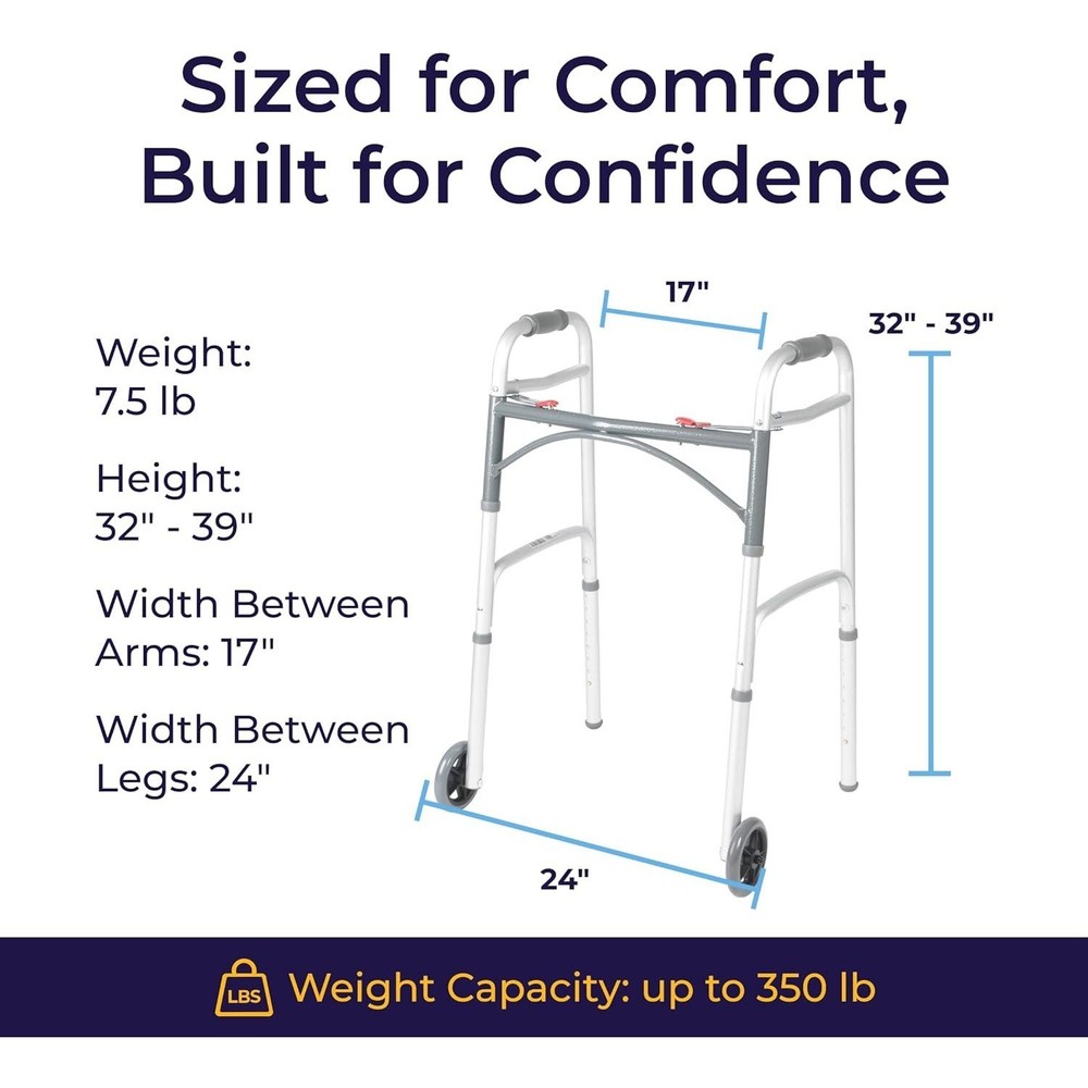 Drive Medical Two-Button Folding Walker w Wheels Lightweight Rolling Mobility