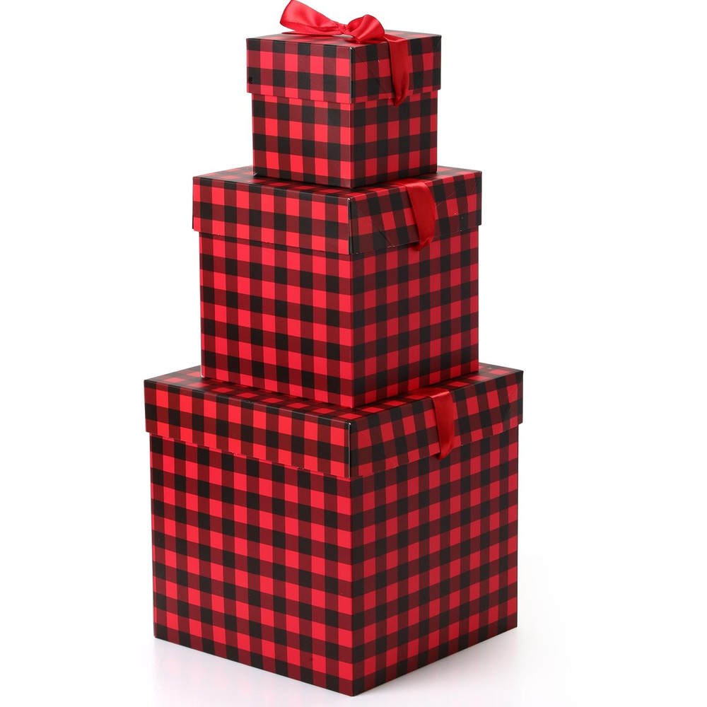 3 Pcs Christmas Nesting Gift Boxes Black Red Buffalo Plaid Stackable Boxes