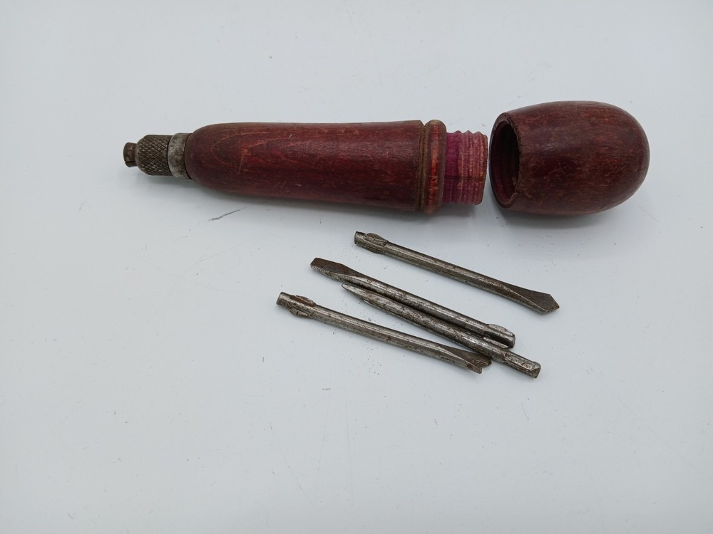 Vintage Multi Bit Screwdriver Wood Handle Storage Cap 4 Bits