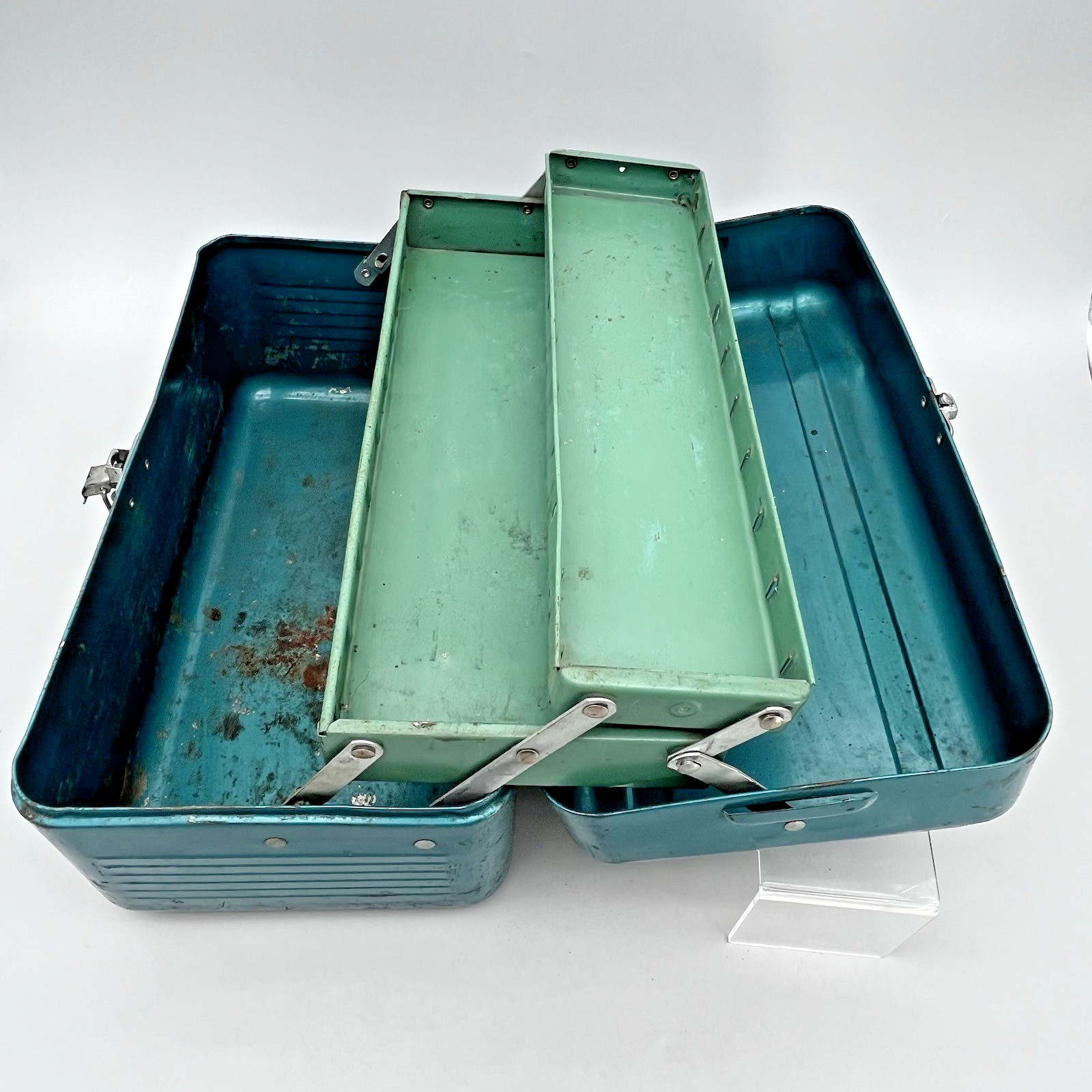 VTG Simonsen Green Teal Metal Tool Tackle Box 14" x 8" 2 Trays Industrial Patina