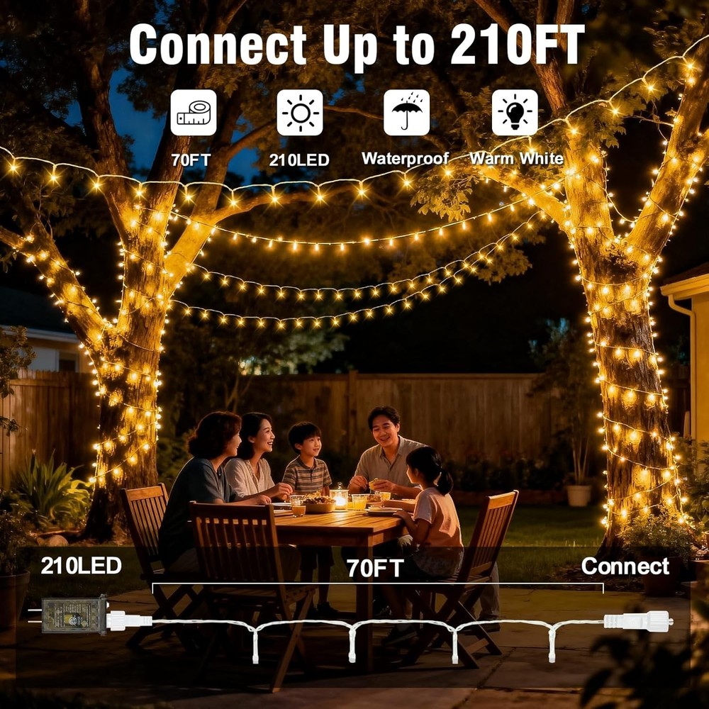 210 LEDs Warm White String Lights 70FT Waterproof Connectable