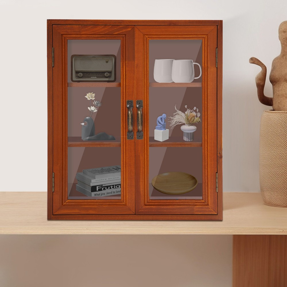 Brown Storage Cabinet 3 Tiers Solid Wood Storage Cupboards Rectangle Modern