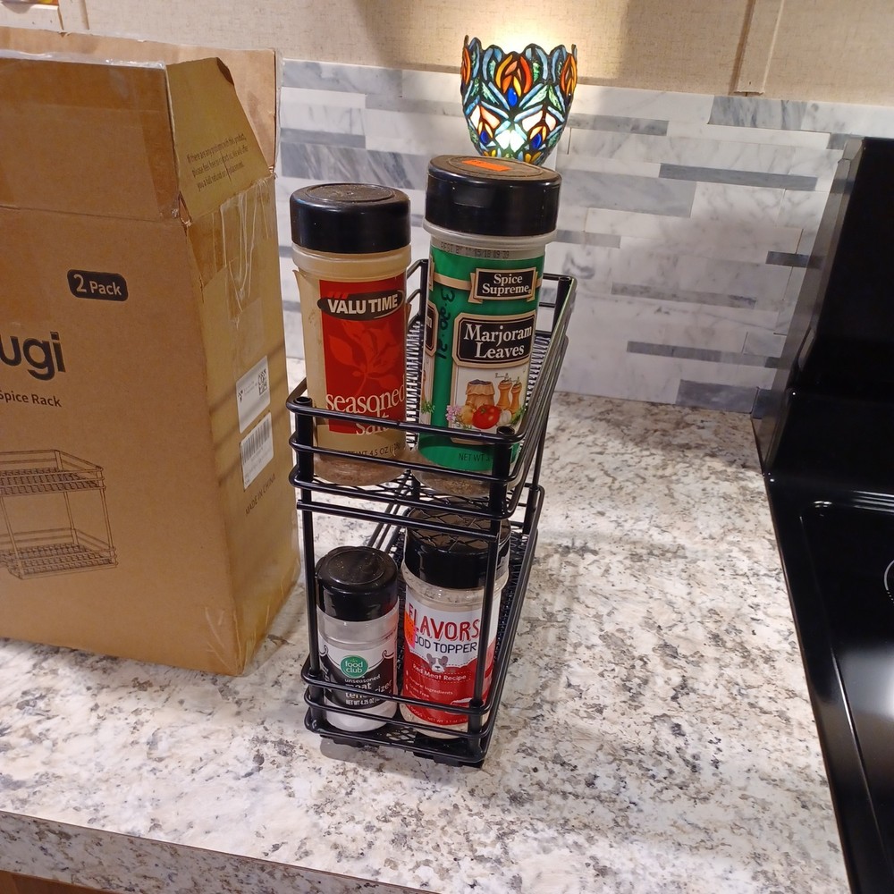 2 Pack Pull Out Spice Rack Organizer for Cabinet, 2-Tier Black approx 20 jars