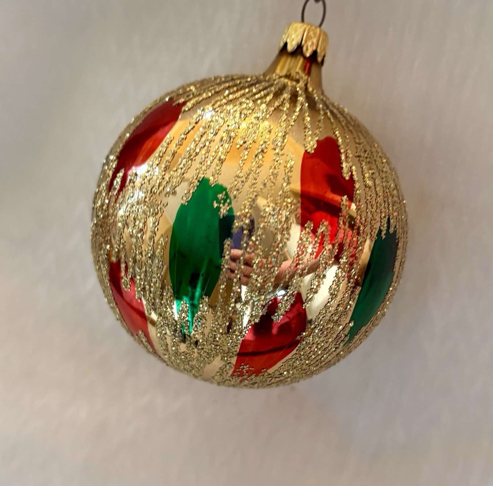 Vintage Gold, Red, Green And Glitter Glass Christmas Tree Ornament Holiday Decor