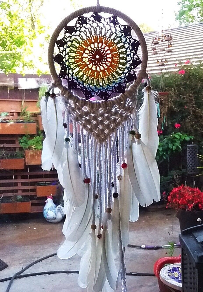 White DREAMCATCHER With Dove Feathers, Native Design Macrame Dreamcatcher