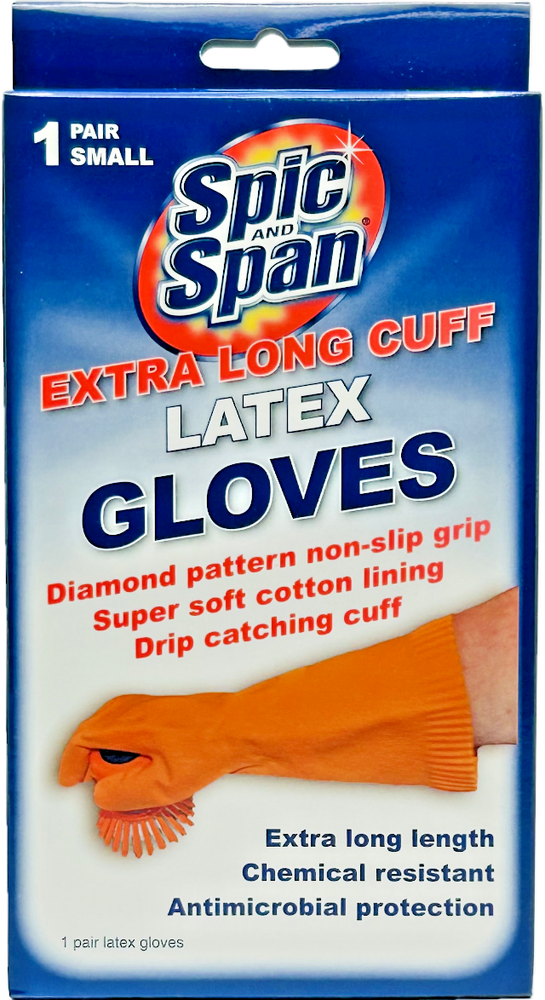 Spic and Span Extra Long Cuff Latex Gloves Diamond Pattern Non-Slip Orange Small
