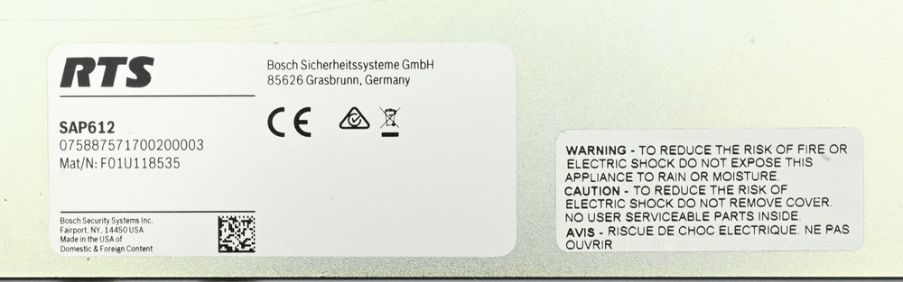RTS TW Intercom System Model SAP612 Source Assign Panel F01U118535