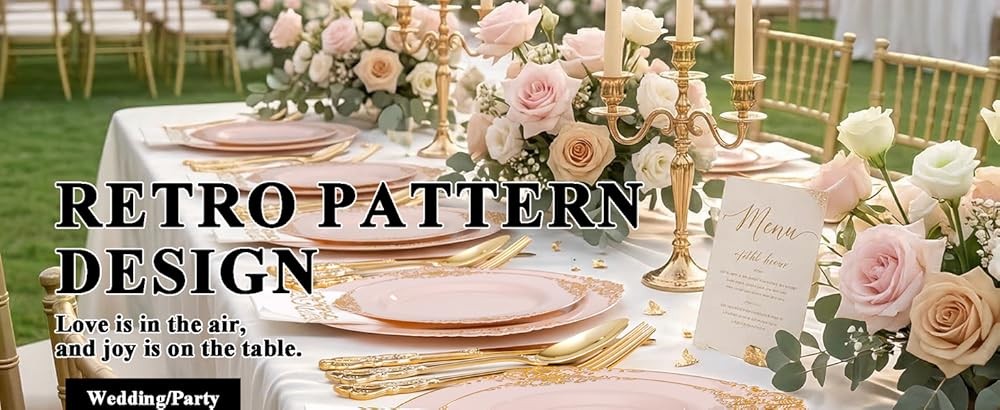 Pink and Gold Plastic Plates - Pink Disposable Dinnerware Sets for