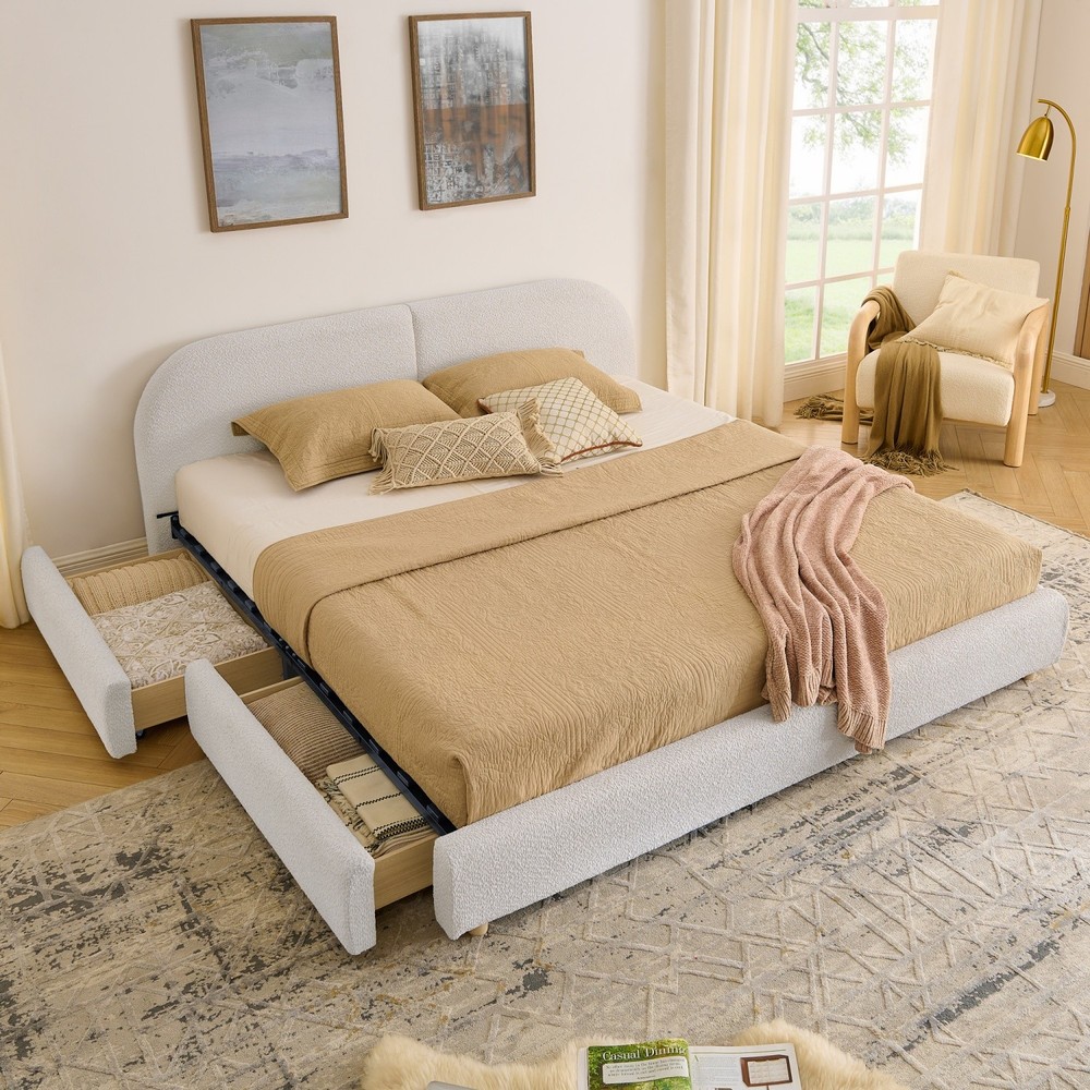 King Size Upholstered Platform Bed Frame with Headboard and 4 Storage Drawers