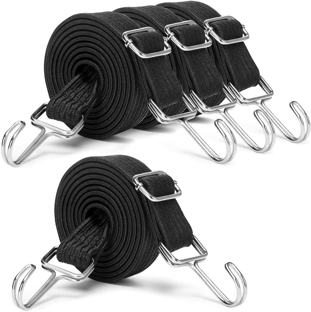 Black Adjustable Bungee Cords with Hooks Set,80" Long Flat Heavy Duty Elasticity