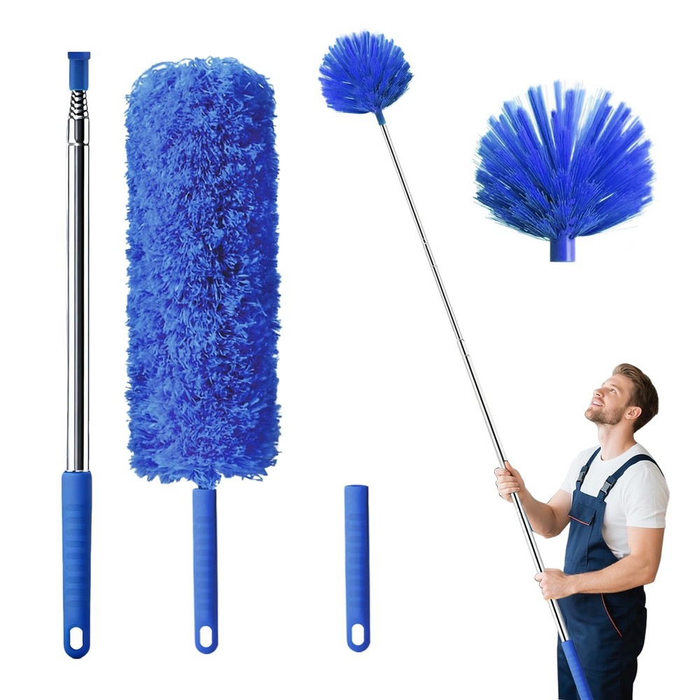 Extendable Cobweb Duster Set - Washable Cleaning Tool with 2 Heads for High Ceil