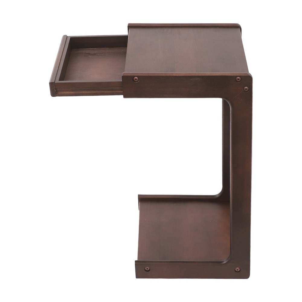 2-Tier Solid Wood C-Shaped Side Table with Drawer and Lockable Wheels
