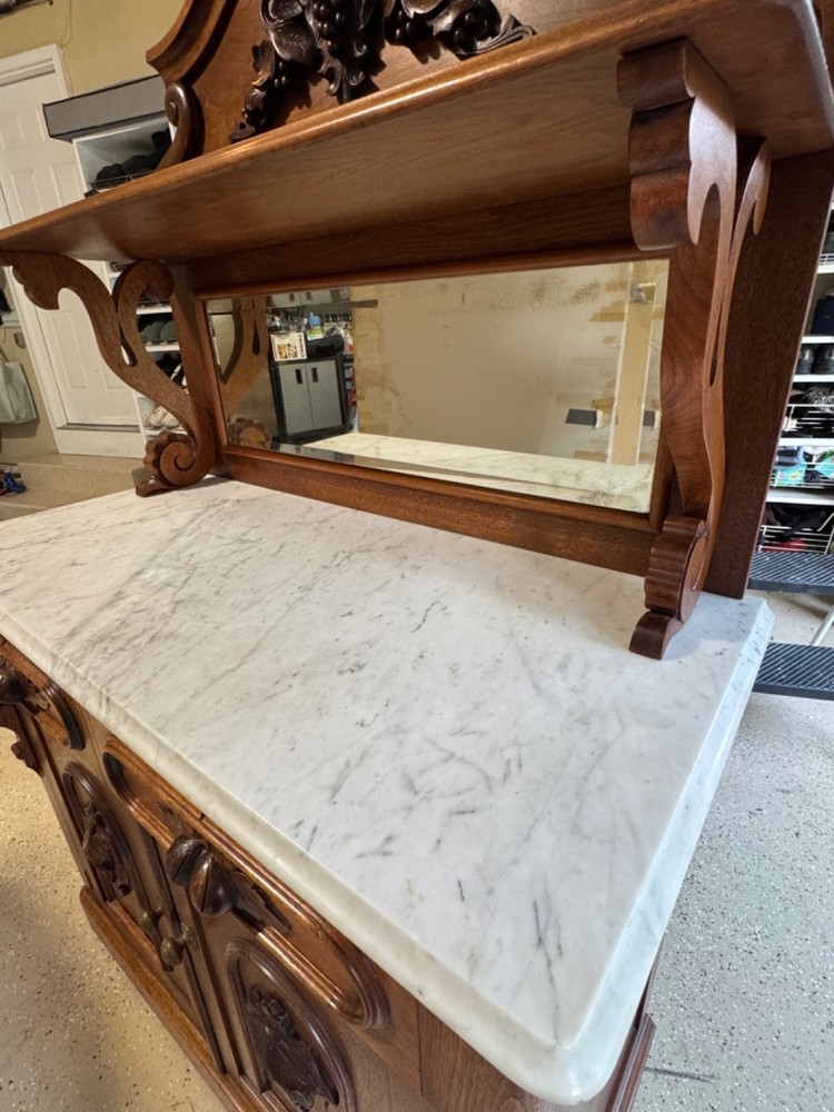 Antique Victorian Walnut Marble Sideboard Buffet Server Huntboard Renaissance