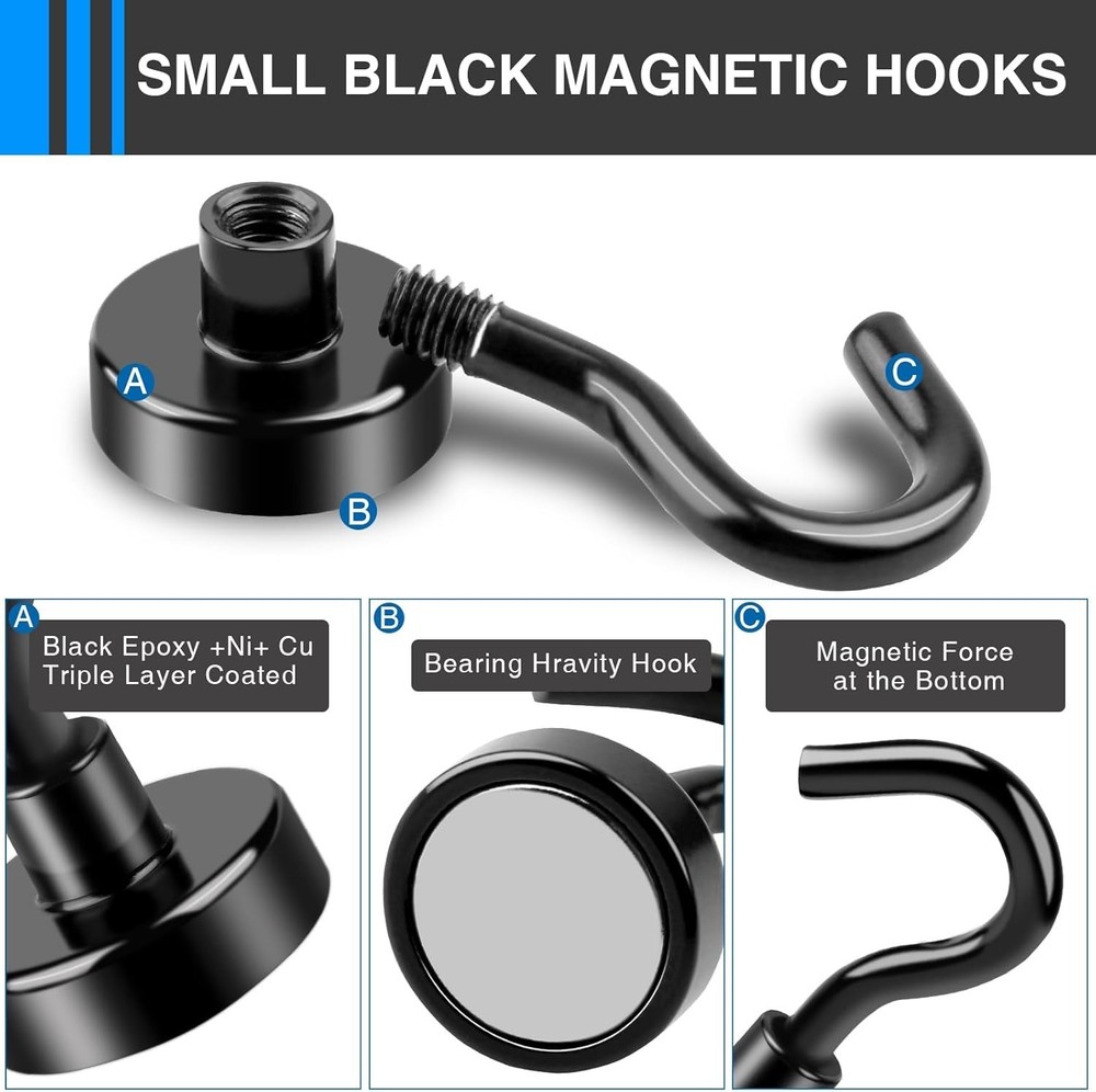 Magnetic Hooks, 12 Pack - Heavy Duty, Black, Rust Resistant, 30lbs Capacity, ...