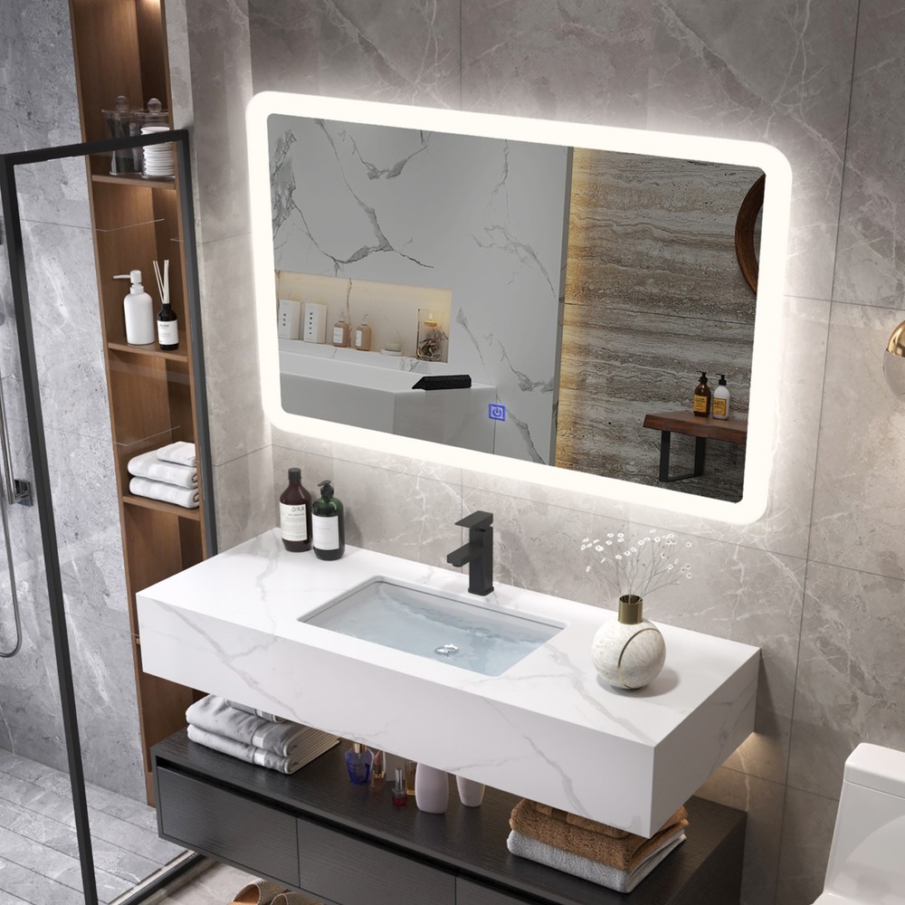 Wall Mounted Rectangle Bathroom LED Mirror Dimmable Touch 3-Color Frameless