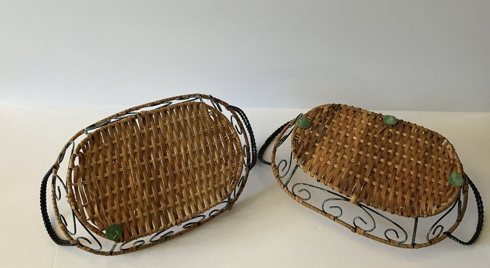 Set 2 Wicker Rattan Baskets Metal Scroll Oval Serving Tray Rustic Boho Decor